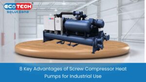 Industrial screw compressor heat pump system with pipes and control panel