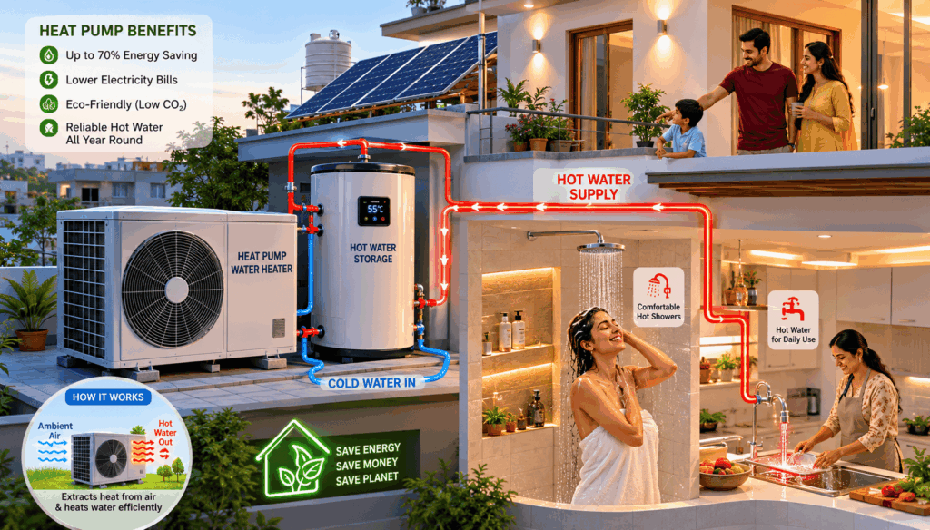 Heat pump water heater installed in an Indian home for energy efficient hot water heating
