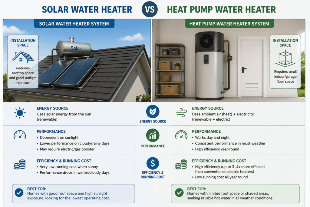 Heat pump water heater vs solar water heater comparison for Indian homes