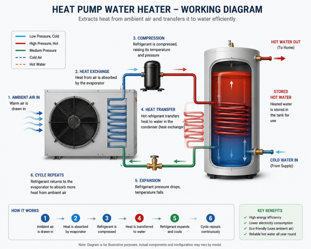 Working process of domestic heat pump water heater system