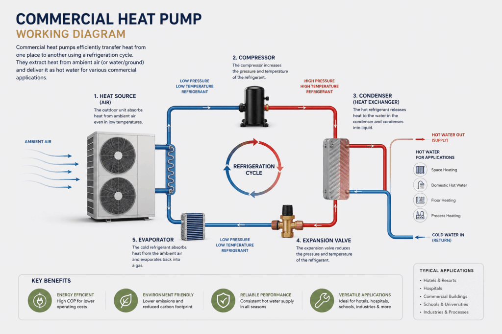 commercial heat pump system working process for hotels