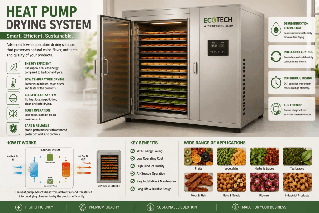 Energy-efficient industrial heat pump food dryer in factory setup