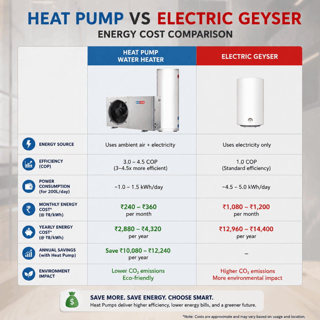 Heat pump versus electric geyser energy cost comparison chart