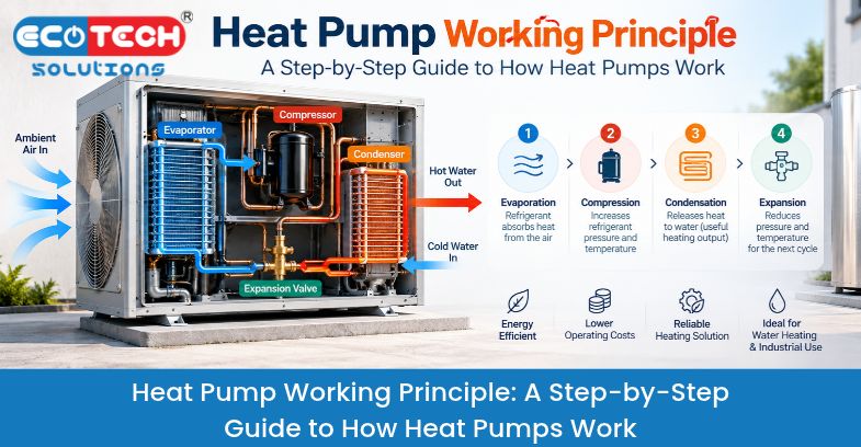 Heat pump working principle showing the evaporator, compressor, condenser, and expansion valve.