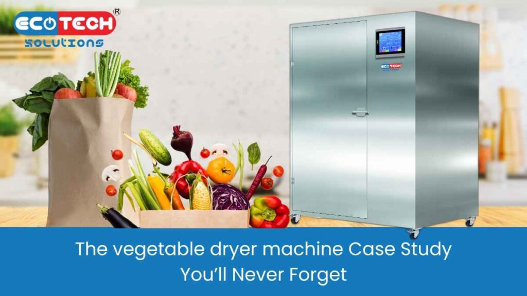 Industrial vegetable dryer machine in action, dehydrating fresh produce like tomatoes and peppers with before/after results, showcasing efficiency and food preservation.