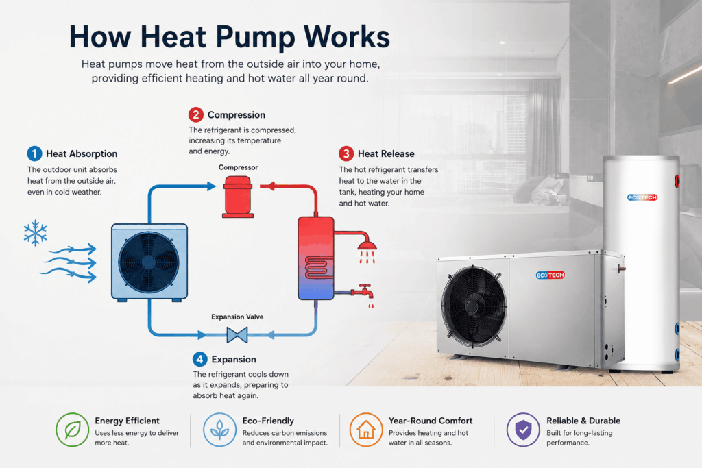 Working principle of domestic heat pump water heating system